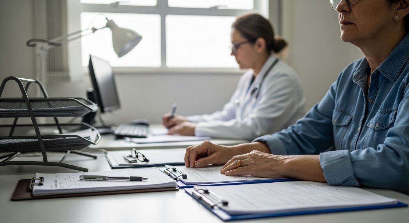 Segurado em perícia médica do INSS com documentos e exames