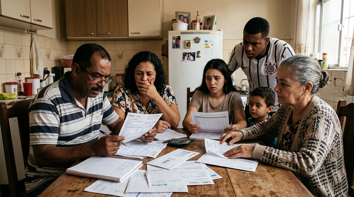 Família analisando benefícios sociais e documentos em casa