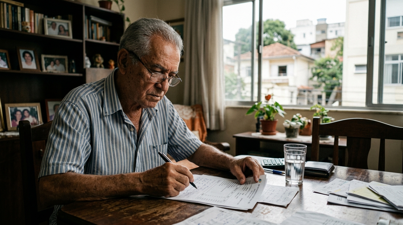 Aposentado analisando extrato do INSS e documentos financeiros