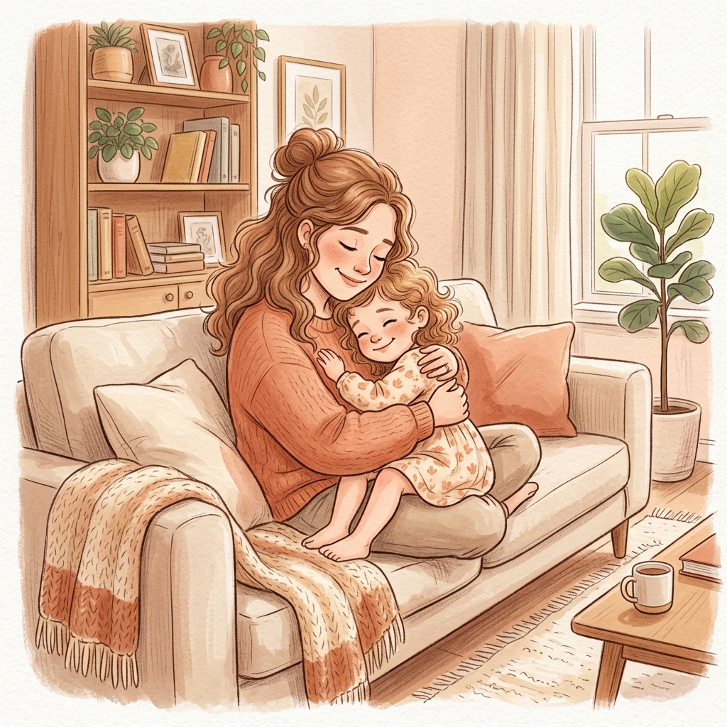 Ilustração suave e acolhedora de uma mãe abraçando uma criança em uma sala de estar aconchegante, representando o apoio familiar e o benefício assistencial BPC