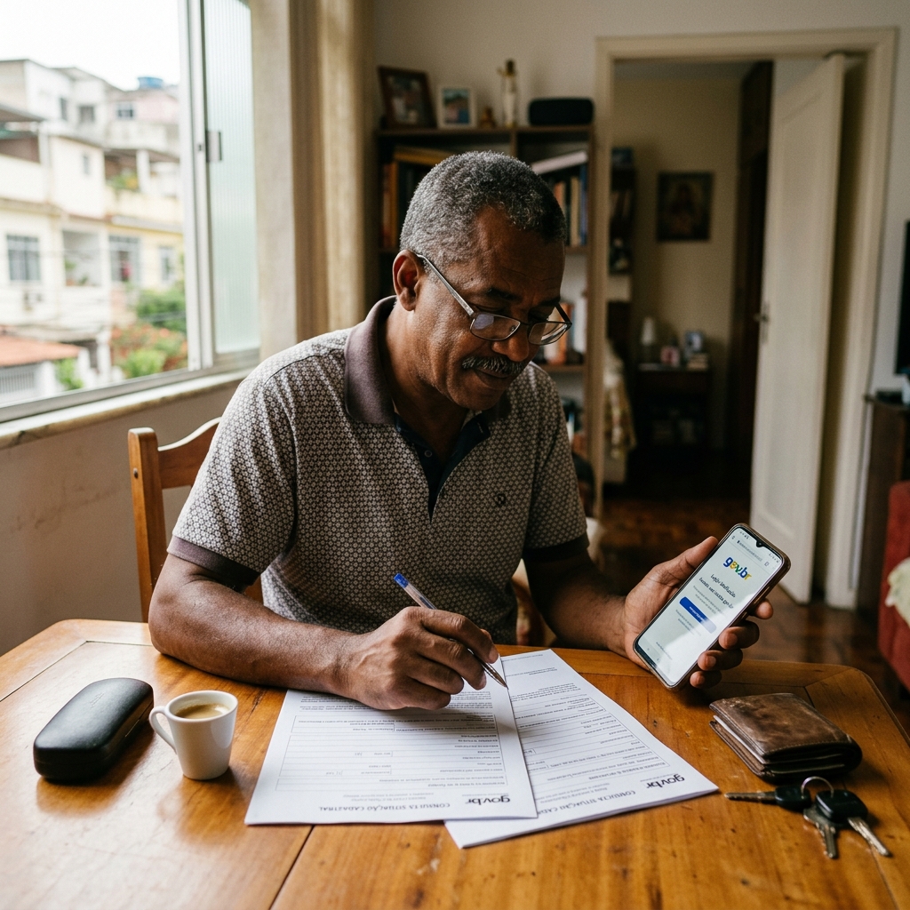 Trabalhador brasileiro analisando documentos previdenciários no computador para pedido do INSS