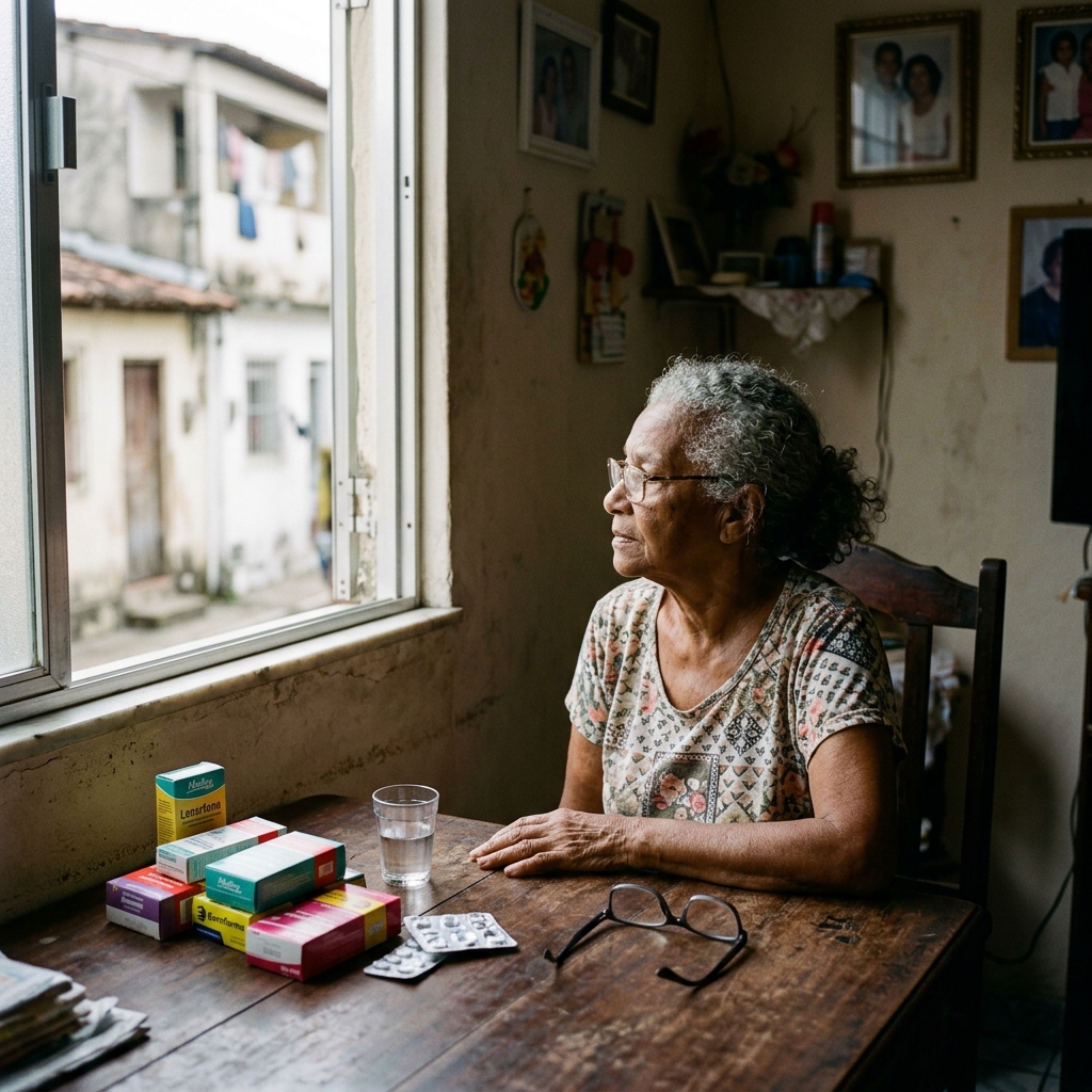 Idosa brasileira em casa com caixa de medicamentos contínuos e receita médica sobre a mesa