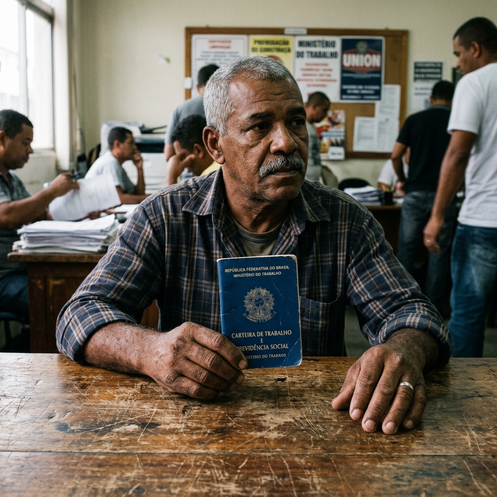 Trabalhador brasileiro segurando carteira de trabalho azul CTPS planejando aposentadoria no INSS