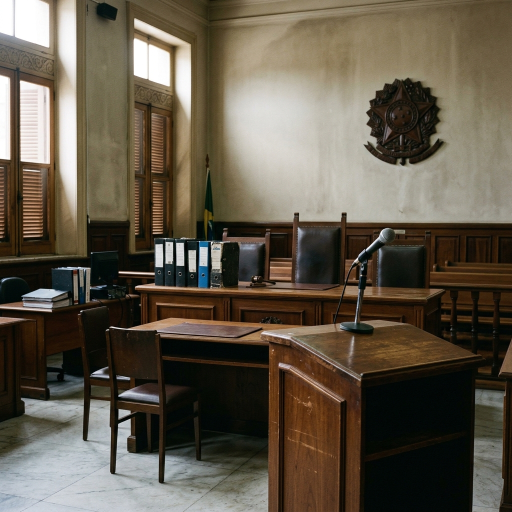 Tribunal de Justiça e microfone de audiência judiciária representando o respeito à dignidade no processo penal