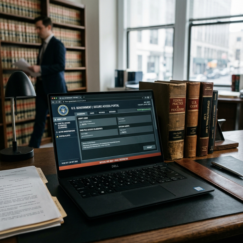 Notebook com tela de sistema governamental seguro em escritório de advocacia representando o Cadastro Nacional de Condenados