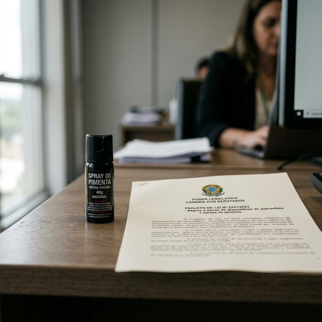 Dispositivo de defesa pessoal spray de pimenta em mesa de escritório de advocacia