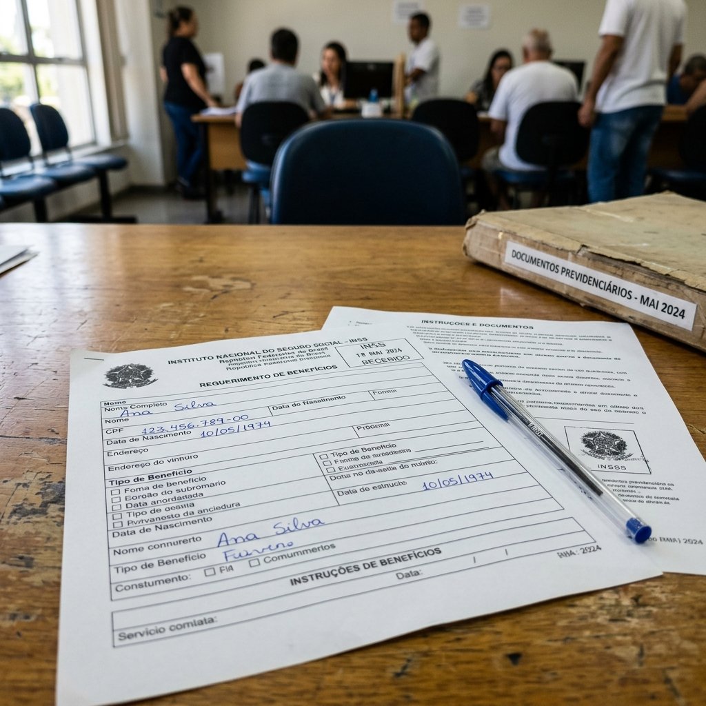 Documentos previdenciários do INSS e livro de leis sobre mesa de escritório