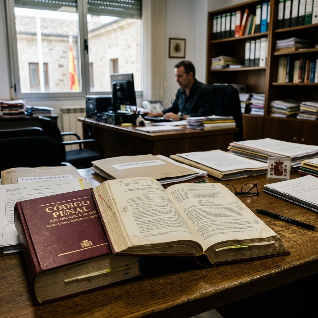 Livro do Código Penal aberto em mesa de advocacia com martelo da justiça