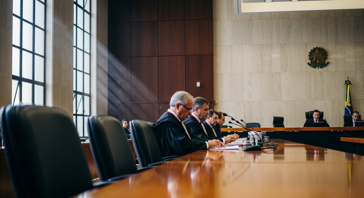 Fachada do STF e capacete de proteção sobre documentos previdenciários