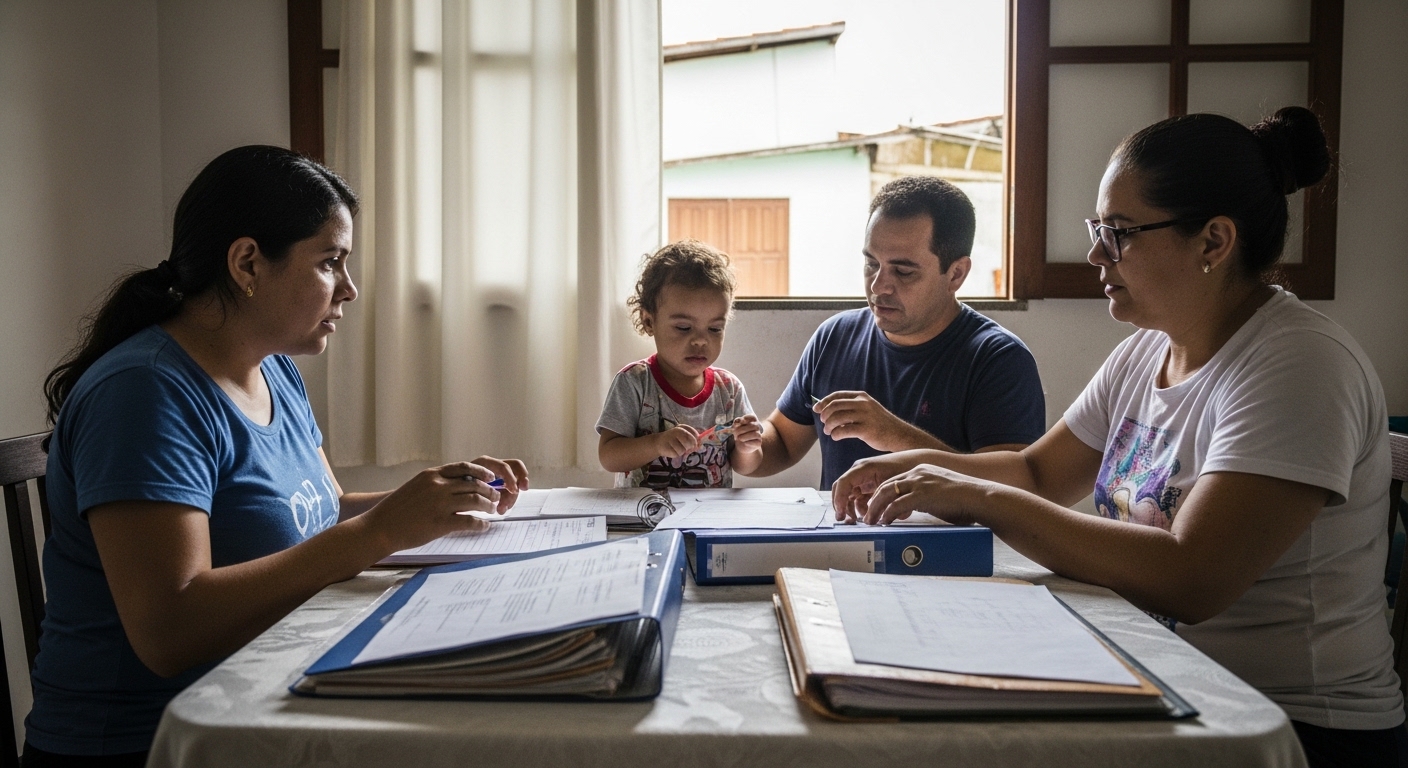 Família com criança com microcefalia e documentos de benefícios